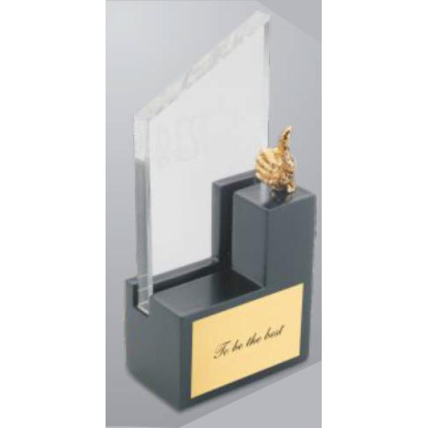 Glass Memento with Metal Thumbs Up Trophy on Wooden Base (TRO-2252) - PYG  Corp